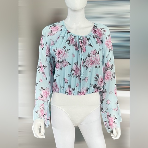 PEACH LOVE CALIFORNIA floral print bodysuit sheer bell sleeve size Large - Picture 7 of 16